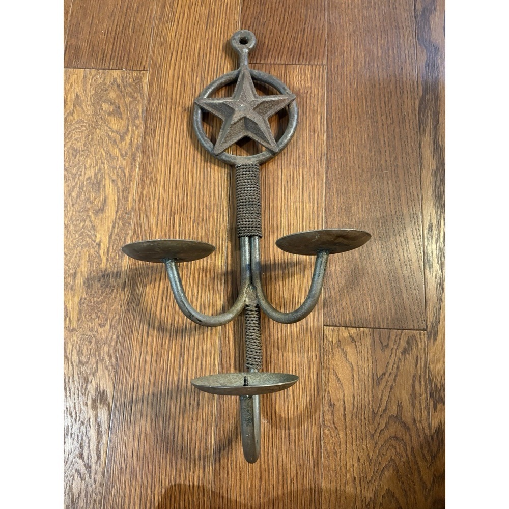 Primitive Star Wall Sconce 3 Candle Holder Wrought Iron Country Farmhouse 21"